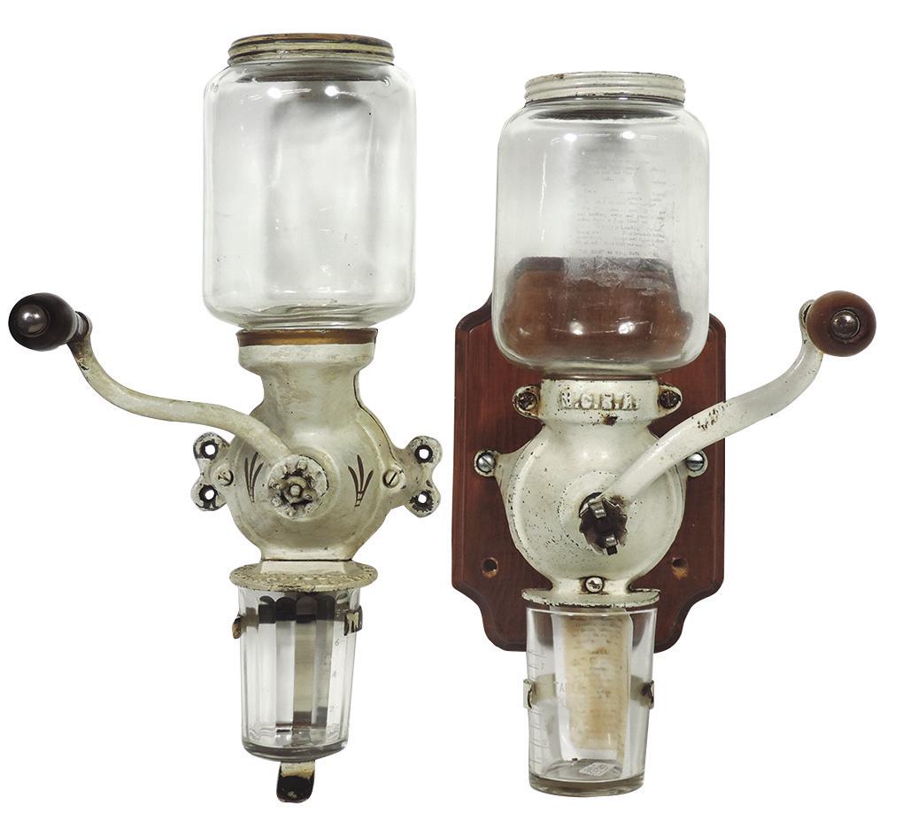Coffee Grinders (2), white painted cast iron,: Coffee Grinders (2), white painted cast iron, "Enterprise No. 100" & "National Coffee Roasters Association" on later wood plaque, both wall mount in VG cond, up to 15"H x 6"W x 10"D.