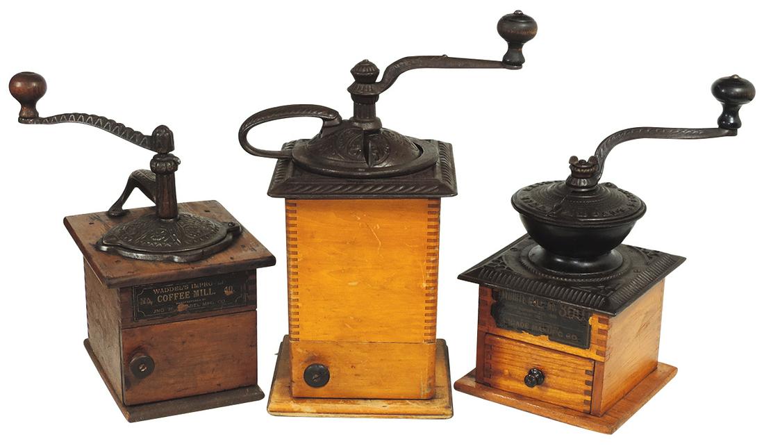 Coffee Grinders (3), cast iron & wood table top: Coffee Grinders (3), cast iron & wood table top versions, "Arcade No. 360", "Waddles No. 40" & a tall unmarked grinder, all VG to Exc cond, largest 13.5"H x 8"W x 6"D.