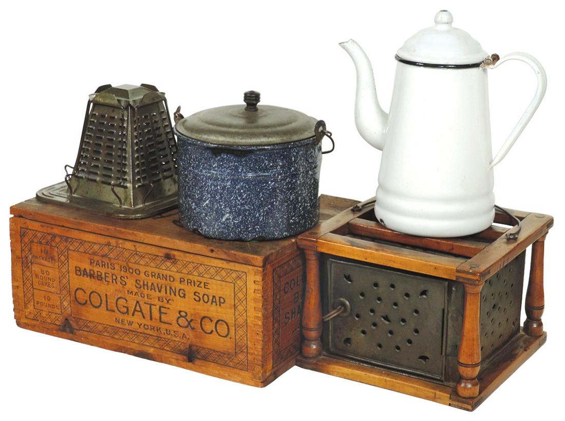 Country Store & Primitive Items (5), Barbers "Colgate": Country Store & Primitive Items (5), Barbers "Colgate" Shaving Soap box, wood & punched tin foot warmer, white enameled coffee pot, stove top toaster & a blue/speckled granite lunch pail, VG to Exc co