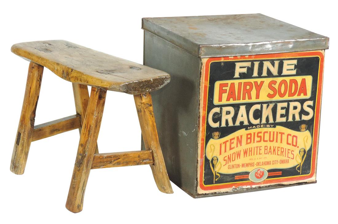 Country Store Tin & Primitive Stool (2), "Fairy Soda: Country Store Tin & Primitive Stool (2), "Fairy Soda Crackers", Iten Biscuit Co., tin w/rolled seams, overfitted hinged lid & paper label, nice orig patina w/scattered light oxidation & dings typical 