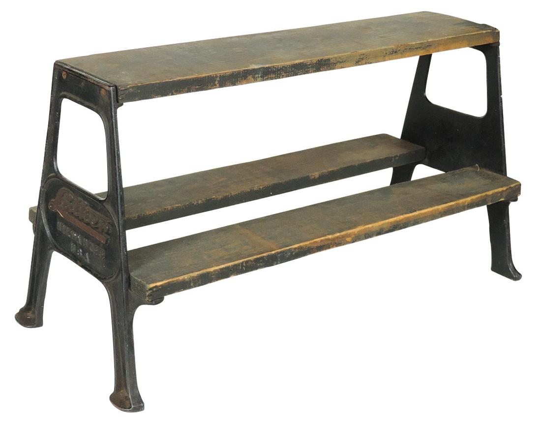 Railroad Luther Coach Step, cast iron & wood, early: Railroad Luther Coach Step, cast iron & wood, early 20th Century mfgd by Luther-Milwaukee USA w/embossed iron A-frame supports, VG/Exc cond w/normal wear, 14.5"H x 26.5"W x 12" D.