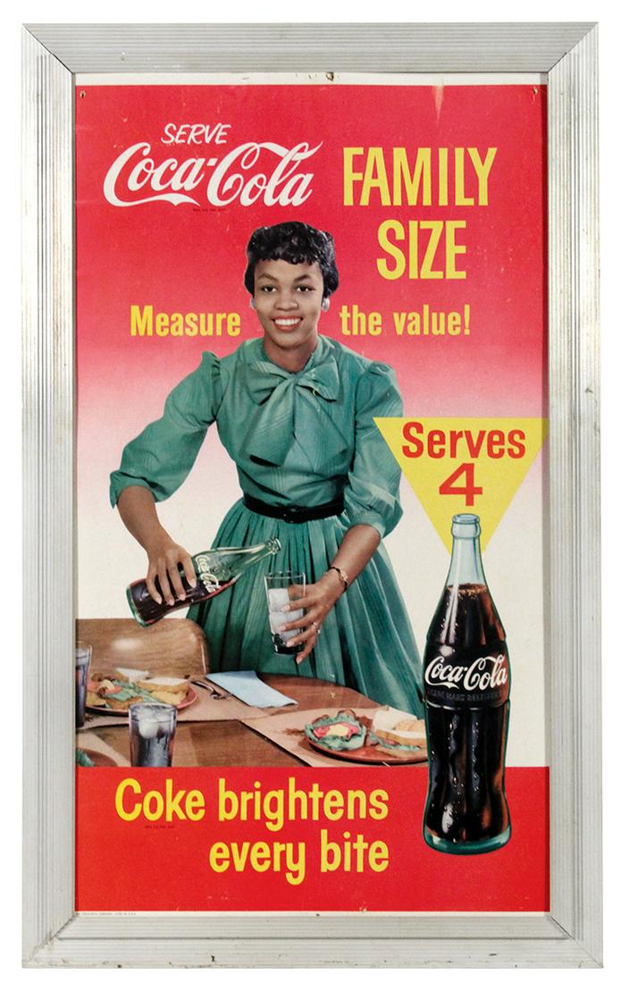 Coca-Cola "Family Size" Sign, c.1960 litho on cdbd: Coca-Cola "Family Size" Sign, c.1960 litho on cdbd w/African American woman in metal frame, Good to VG cond w/some uneven fading & nail hole in top margin, 29.75"H x 18.25"W.