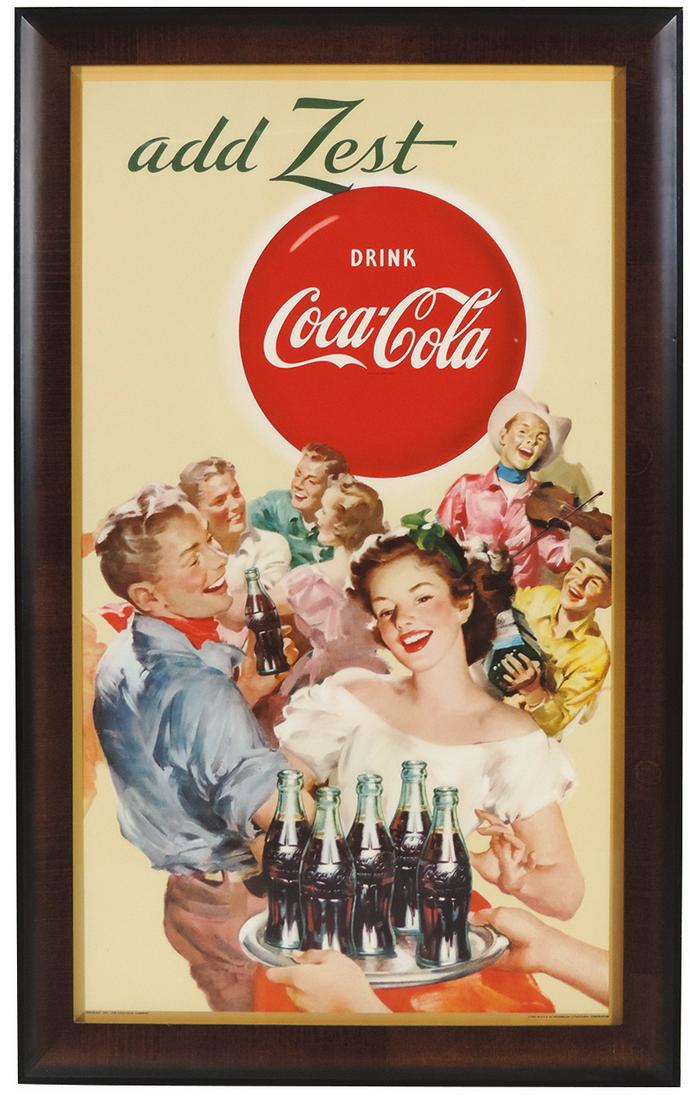 Coca-Cola Sign, "Add Zest", litho on cdbd by McCandlish: Coca-Cola Sign, "Add Zest", litho on cdbd by McCandlish Corp., colorful square dance theme, c.1951, prof framed, Exc to Near-Mint cond, 29.75"H x 18.75"W.