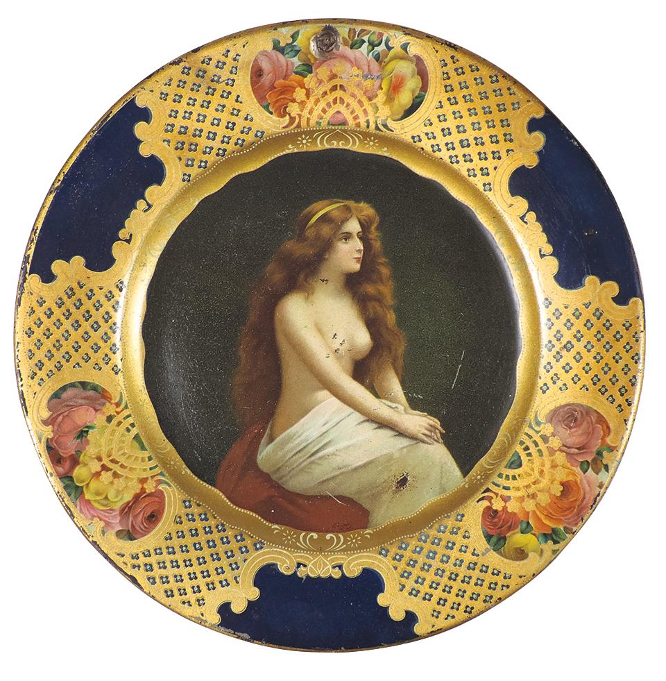 Coca-Cola Rare Topless Vienna Art Plate for Western: Coca-Cola Rare Topless Vienna Art Plate for Western Coca-Cola Bottling Works, VG cond w/a few blemishes to surface & later punched hole for hanging, 10"Dia.