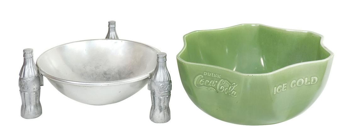 Coca-Cola Pretzel Dish, heavy aluminum, c.1940's, Exc: Coca-Cola Pretzel Dish, heavy aluminum, c.1940's, Exc cond, 4.5"H x 9.5"Dia & Coca-Cola ice bowl, c.1930's, bottom stamped "Authentic Vernonware-Made in USA", used to display & chill 6 bottles of Coke