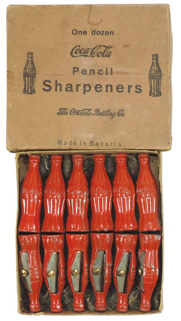 Coca-Cola Pencil Sharpeners, Rare complete box of 12,: Coca-Cola Pencil Sharpeners, Rare complete box of 12, c.1930's, Exc unused cond in orig box, 4"Sq.
