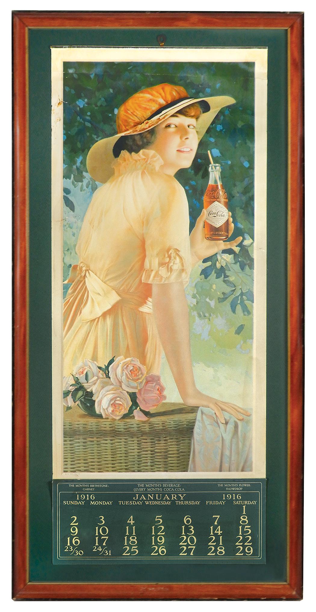 Coca-Cola Calendar, c.1916, "Elaine", litho on paper: Coca-Cola Calendar, c.1916, "Elaine", litho on paper w/metal hanging strip, shows some discoloration & short tears, mostly in border, full pad was glued to back of mounting board, 9 of those pages rem