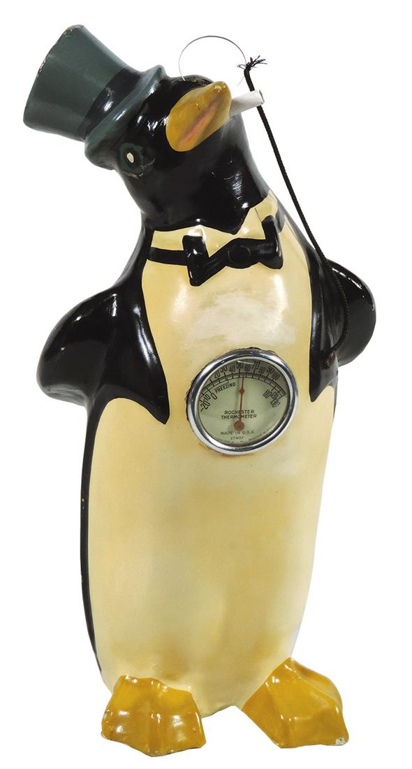 Tobacciana Thermometer, Kool Cigarettes "Willie" The: Tobacciana Thermometer, Kool Cigarettes "Willie" The Penguin, painted composition w/cigarette, monocle & Scarce thermometer insert, Exc cond w/some scattered paint flakes & touch-ups, 14.25"H.