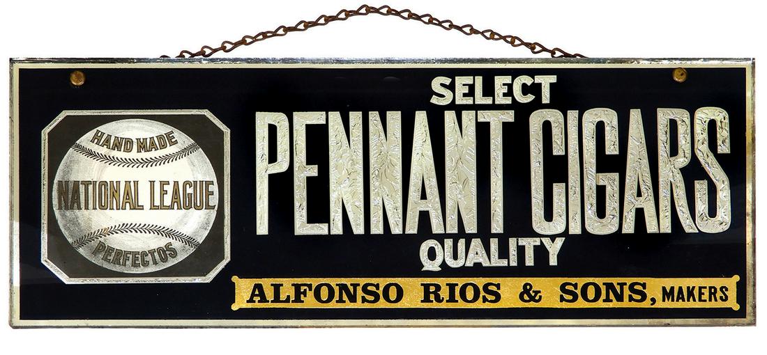 Tobacciana Sign, Pennant Cigars, "National League,": Tobacciana Sign, Pennant Cigars, "National League," silver glue chip & gold foil reverse on glass, a beautiful sign in Exc+ cond, 7"H x 18"W.