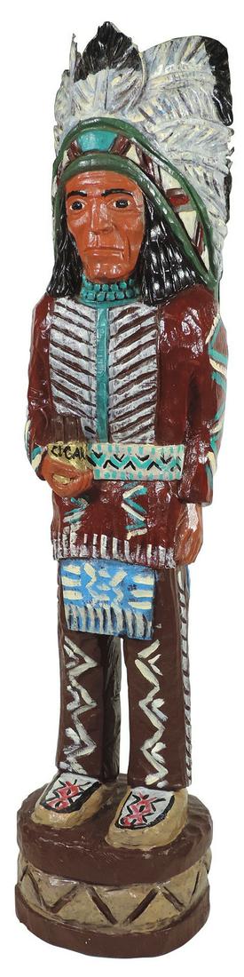 Tobacciana, Cigar Store Indian, hand carved &: Tobacciana, Cigar Store Indian, hand carved & polychrome wood, unsigned but possibly by Ralph Gallagher, c.1970's-80's, Exc cond, 35.5"H x 7.5"Dia.