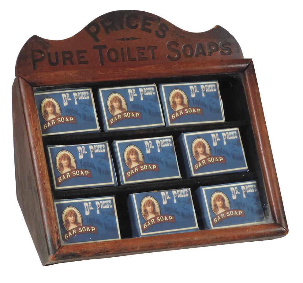 Drug Store Counter Display, Price: Drug Store Counter Display, Price's Pure Toilet Soaps, wood & glass w/three divisions & embossed marquee, orig mohair liner w/facsimile product, verso has orig paper labels, Exc cond w/orig finish, 11
