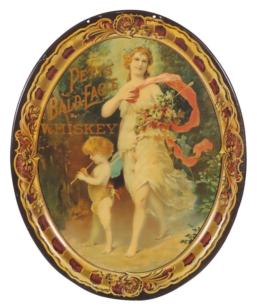 Breweriana Pre-Prohibition Tray, Rare Petts Bald Eagle: Breweriana Pre-Prohibition Tray, Rare Petts Bald Eagle Whiskey Serving Tray, c.1900 w/young beauty & cupid, VG cond w/scattered prof touch-ups, clearcoat w/some roughness to finish on right rim edges,