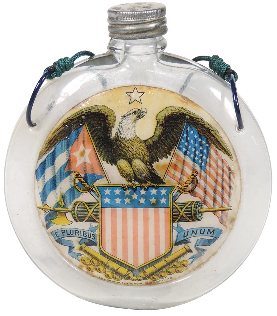 Breweriana Whiskey Flask, G.A.R. Souvenir U.S.: Breweriana Whiskey Flask, G.A.R. Souvenir U.S. Canteen-shaped glass whiskey flask, label under glass w/American Eagle, litho signed "L. Packhan Jr. & Co. Manuf's-Baltimore, MD.", U.S. molded in glass