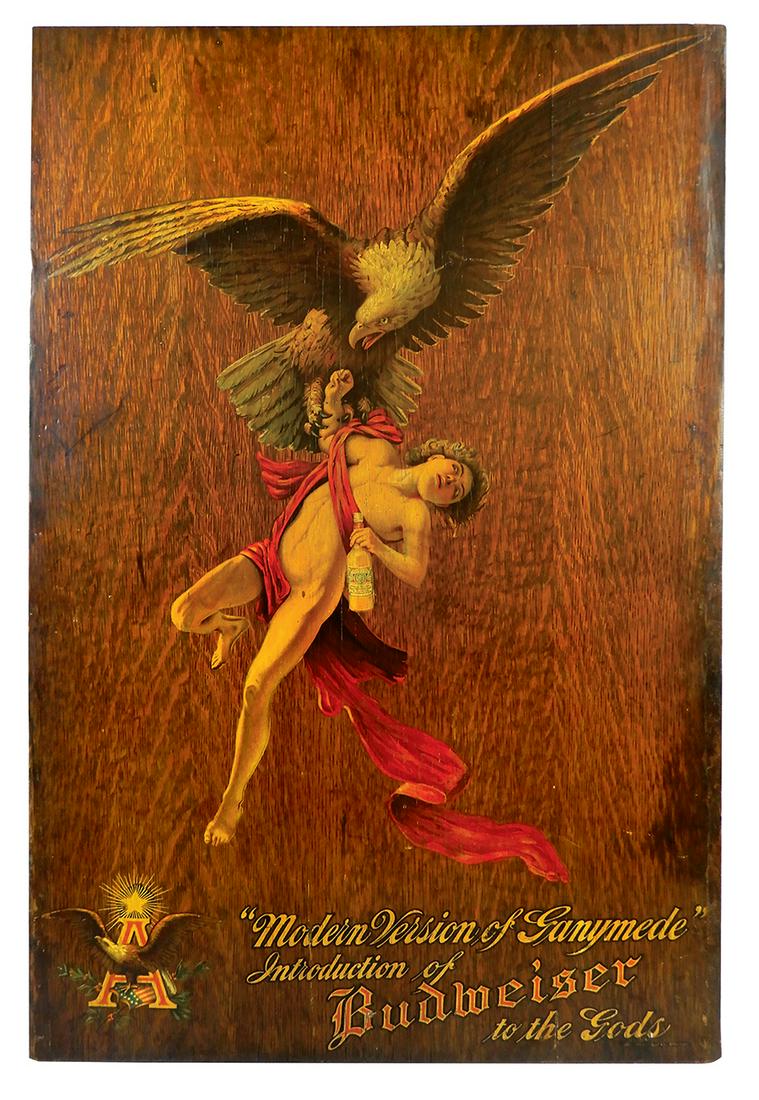 Breweriana Sign, Budweiser, Very Rare early 1900: Breweriana Sign, Budweiser, Very Rare early 1900's wood sign from Anheuser-Busch-St. Louis, shows Ganymede, a Greek mythological character introducing Budweiser Beer to the Gods, titled "Modern Versio