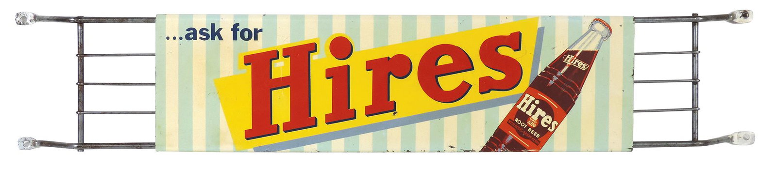 Soda Fountain Door Push, Hires Root Beer, mfgd by Press: Soda Fountain Door Push, Hires Root Beer, mfgd by Press Sign Co.-St. Louis, litho on metal showing product, brightly colored graphics, VG+ cond w/abrasions to lower rolled edge not easily seen when mo