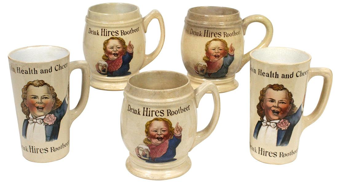 Soda Fountain Mugs (5), Hires Root Beer, made by: Soda Fountain Mugs (5), Hires Root Beer, made by Mettlach Pottery-Germany, 3 in barrel form & 2 tall tapering, one Exc cond, others VG w/various degrees of staining/crazing, 4.25" to 5"H.