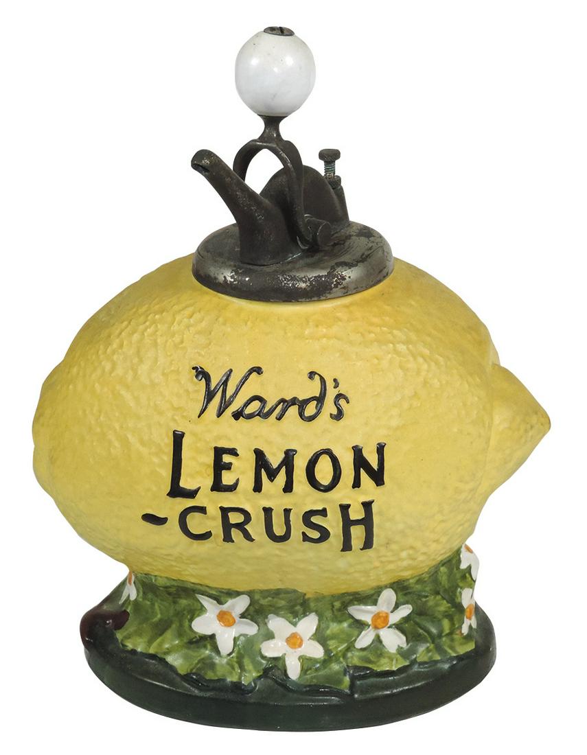 Soda Fountain Syrup Dispenser, Ward's Lemon-Crush: Soda Fountain Syrup Dispenser, Ward's Lemon-Crush, figural ceramic, c.1920, correct replacement ball-style pump, minor chip inside lip under pump, o/wise Exc+ cond, 14"H.