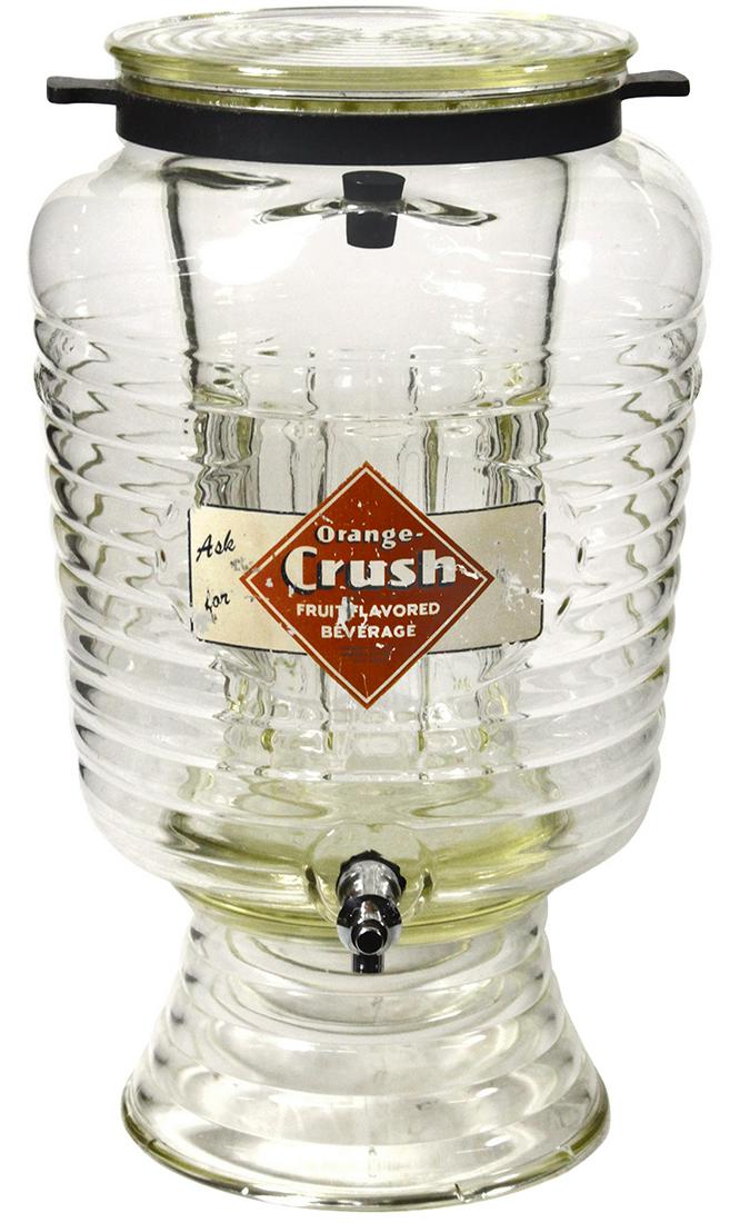 Soda Fountain Syrup Dispenser, Scarce Orange-Crush: Soda Fountain Syrup Dispenser, Scarce Orange-Crush Counter Dispenser by McKee Glass Co., 4-pc pale citron colored glass w/molded horizontal rib barrel form top, spigot & decal label, ice insert w/rest