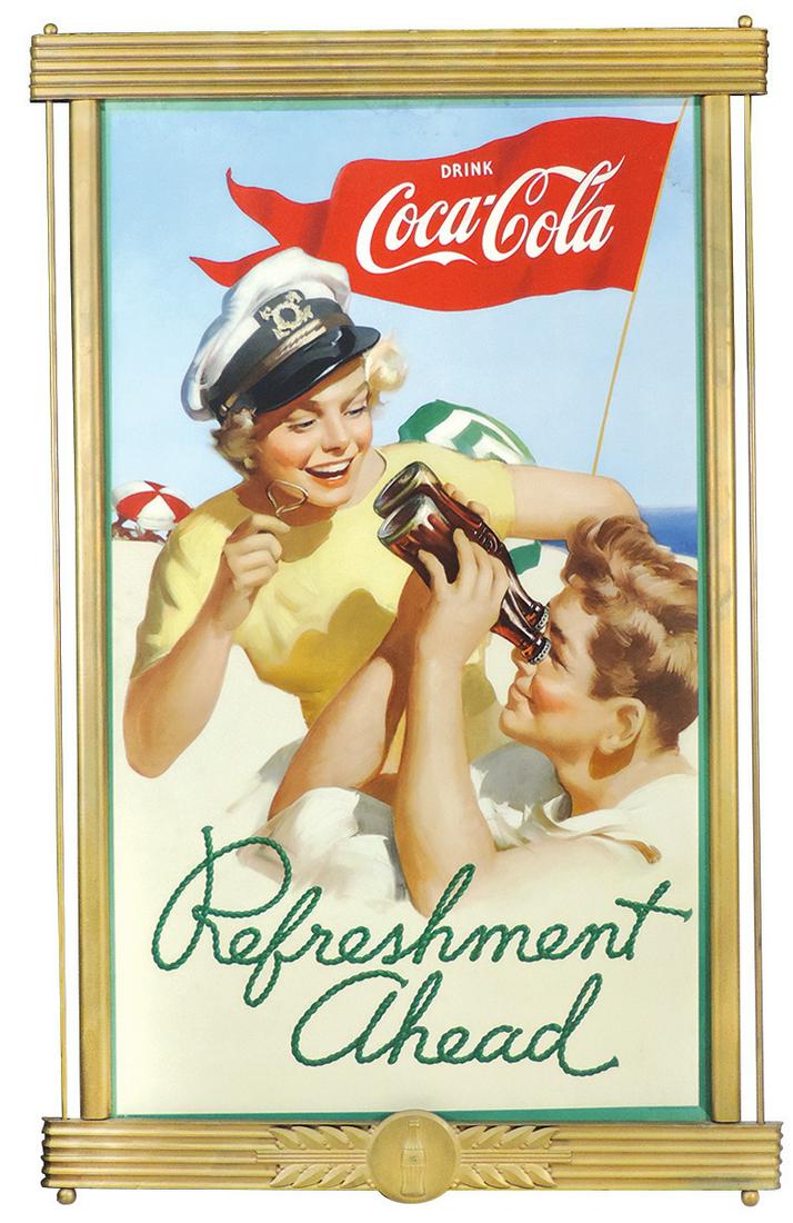 Coca-Cola "Refreshment Ahead", 1952 Beach Scene litho: Coca-Cola "Refreshment Ahead", 1952 Beach Scene litho on cdbd in Kay Displays wood frame, VG cond w/upper edge light water stains & soiling, frame VG+ w/orig finish & maker's stamp on back, 57"H x 36"