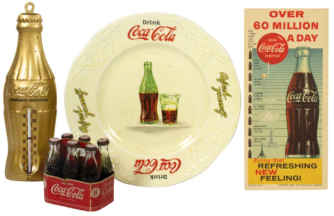 Coca-Cola (4), Knowles "Refresh Yourself" luncheon: Coca-Cola (4), Knowles "Refresh Yourself" luncheon plate, mini six-pack cardboard carrier, 1960 "Over 60 million a day" ink blotter & a gilt diecut metal thermometer, VG & Exc cond, largest 7.25" Dia.