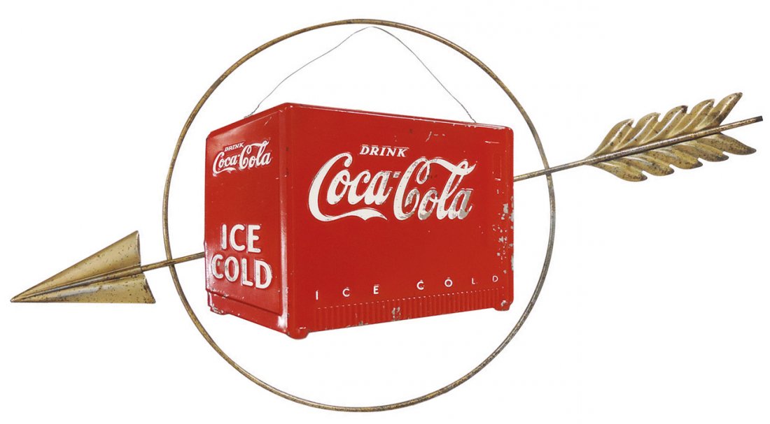 Coca-Cola Cooler & Arrow sign, c.1938, painted embossed: Coca-Cola Cooler & Arrow sign, c.1938, painted embossed metal w/Kay Displays stamp on back, VG+ cond w/minor scattered wear & light oxidation, 32"L x 16" Dia.
