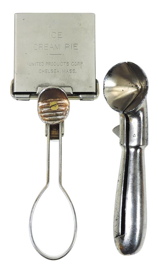Ice Cream Scoops (2), United Products Corp. sandwich: Ice Cream Scoops (2), United Products Corp. sandwich scoop, nickel-plated brass w/square bowl, late 1920's, a Scarce scoop in Exc cond, 7.5"L & scoop w/split conical bowl, marked P T PLD FOR inside le