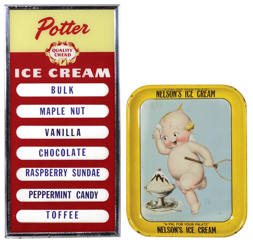 Ice Cream Tray & Menu Board (2), "Nelson's Ice Cream": Ice Cream Tray & Menu Board (2), "Nelson's Ice Cream" serving tray w/Rose O'Neill Kewpie & a Potter reverse-painted glass menu board w/interchangeable flavor cards, tray in VG to Exc cond w/some edge