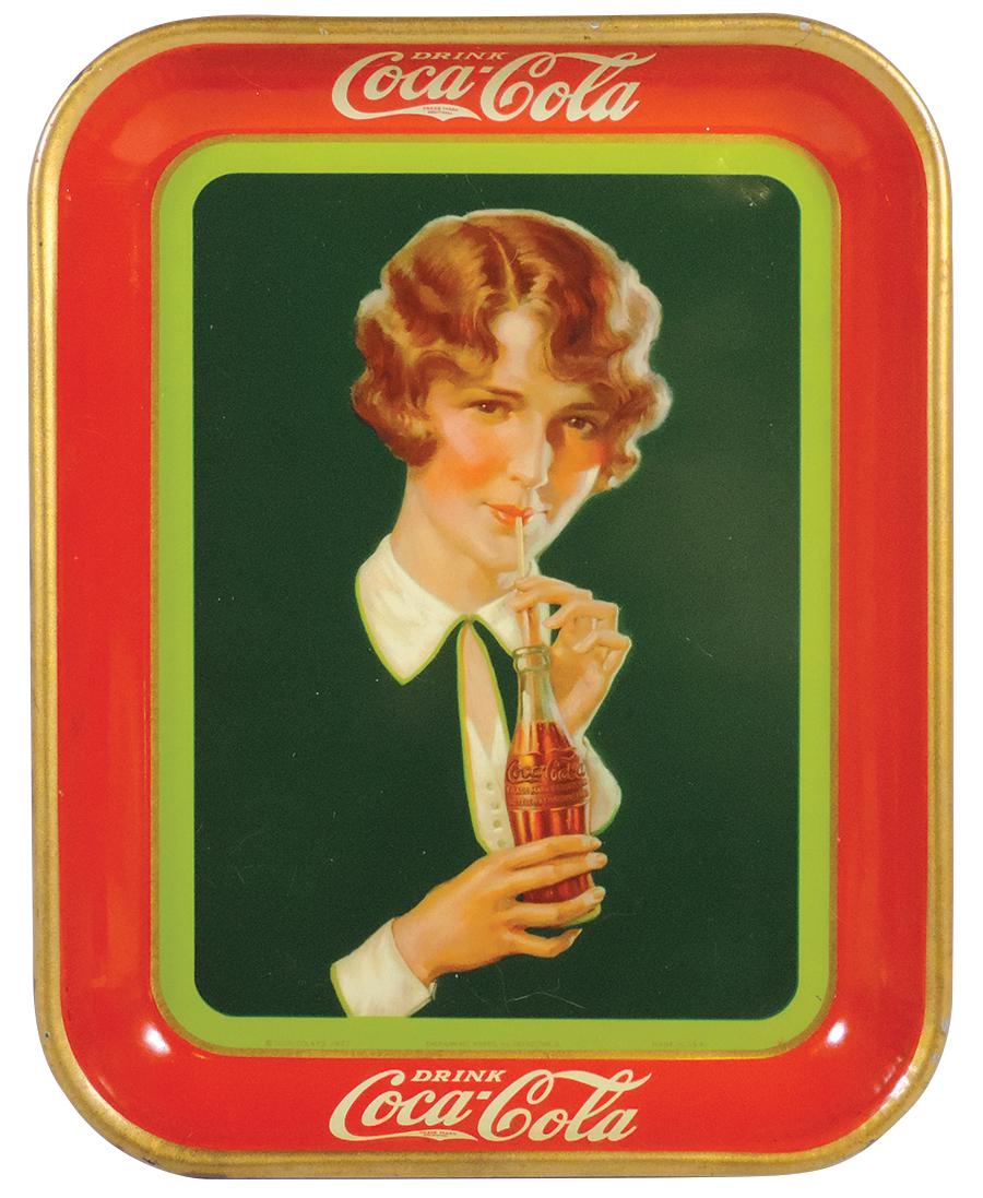 Coca-Cola Serving Tray, 1927, Girl Drinking a Bottle of: Coca-Cola Serving Tray, 1927, Girl Drinking a Bottle of Coca-Cola w/Straw, litho on metal by American Art Works, Exc+ to Near-Mint cond w/great color & gloss, 13"H x 10.5"W.
