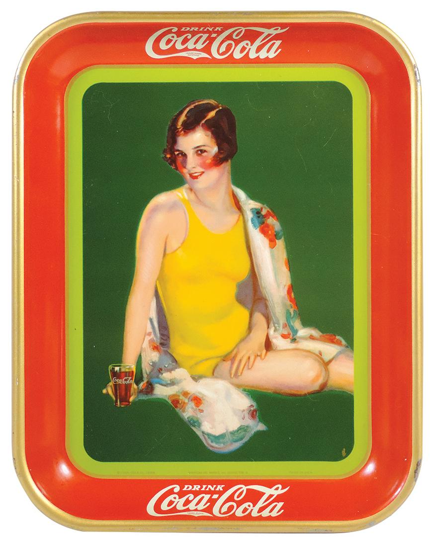 Coca-Cola Serving Tray, 1929, Yellow Bathing Suit Girl: Coca-Cola Serving Tray, 1929, Yellow Bathing Suit Girl w/Glass, litho on metal by American Art Works, Exc+ cond w/great color & gloss, 13"H x 10.5"W.