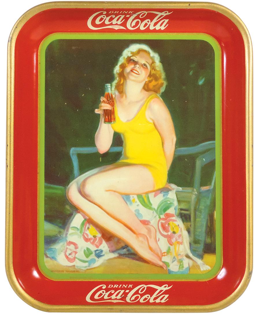 Coca-Cola Serving Tray, 1932, Yellow Bathing Suit Girl: Coca-Cola Serving Tray, 1932, Yellow Bathing Suit Girl w/Bottle, litho on metal by American Art Works, Exc+ cond w/great color & gloss, 13"H x 10.5"W.