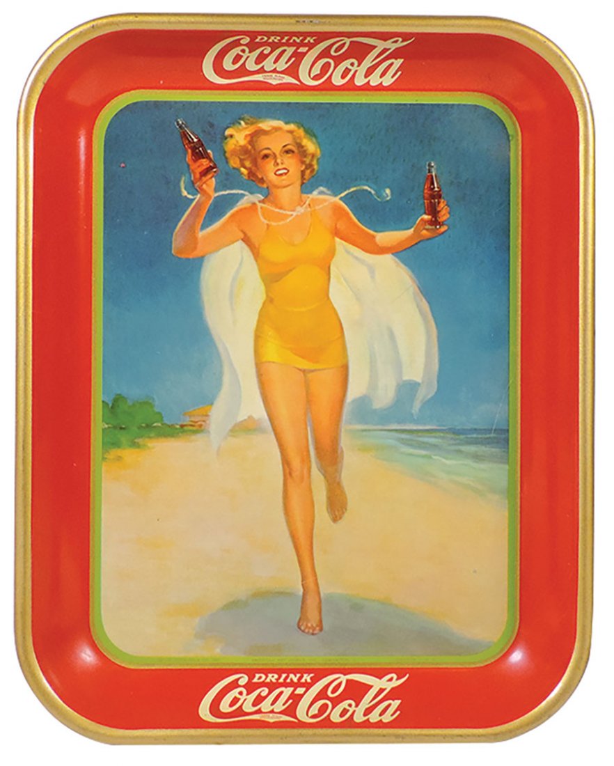 Coca-Cola Serving Tray, 1937, Bathing Suit Girl on: Coca-Cola Serving Tray, 1937, Bathing Suit Girl on Beach w/Bottles, litho on metal by American Art Works, Exc+ cond w/great color & gloss, 13"H x 10.5"W.