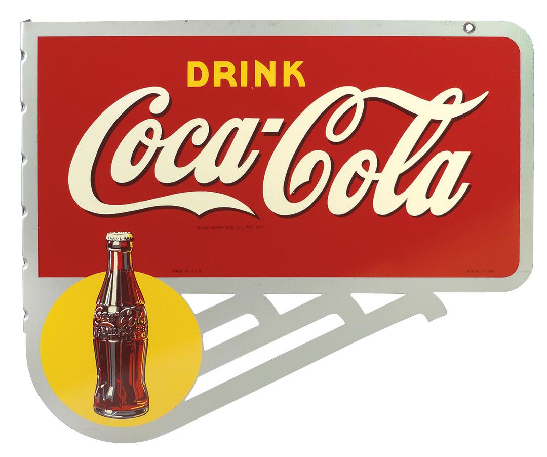 Coca-Cola Sign, 2-sided "Drink Coca-Cola" flange marked: Coca-Cola Sign, 2-sided "Drink Coca-Cola" flange marked A.A.W. 5-46, a heavy metal sign in Near-Mint to Mint NOS cond, 20.5"H x 24"W.