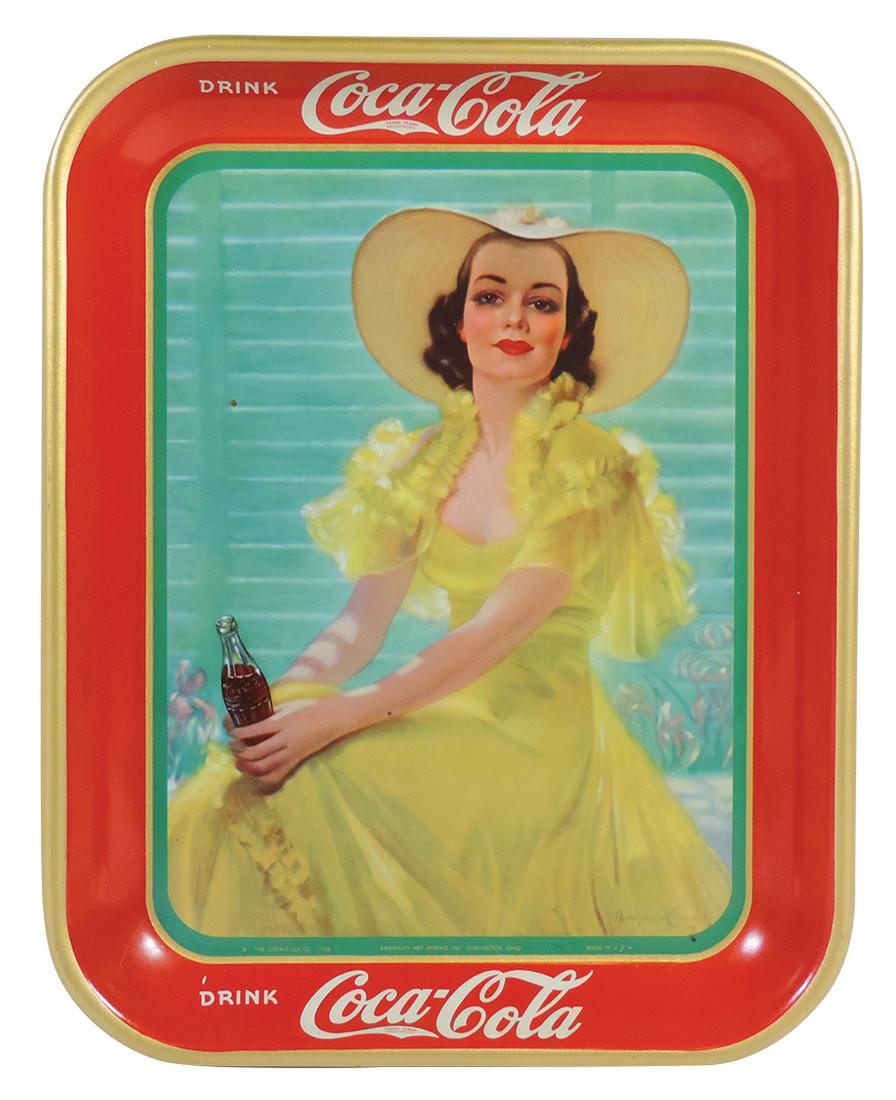 Coca-Cola Serving Tray, 1938, Girl in Yellow Dress &: Coca-Cola Serving Tray, 1938, Girl in Yellow Dress & Hat, litho on metal by American Art Works, Near-Mint cond w/great color & gloss, 13"H x 10.5"W.