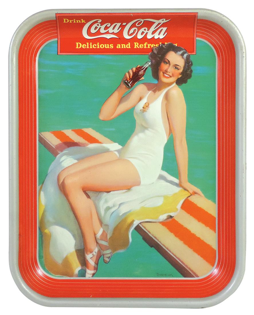 Coca-Cola Serving Tray, 1939, Swimsuit Girl on Diving: Coca-Cola Serving Tray, 1939, Swimsuit Girl on Diving Board w/Bottle, litho on metal by American Art Works, Exc+ cond w/great color & gloss, 13"H x 10.5"W.