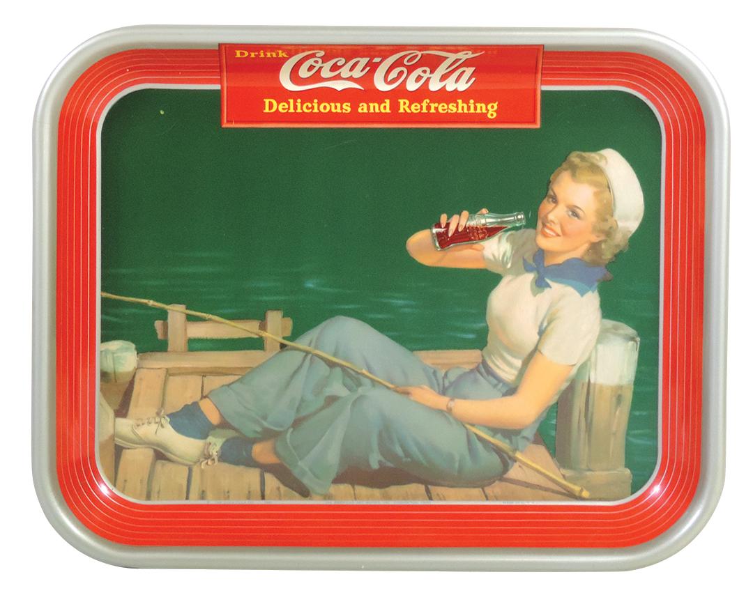 Coca-Cola Serving Tray, 1940, Fisher Girl w/Bottle,: Coca-Cola Serving Tray, 1940, Fisher Girl w/Bottle, litho on metal by American Art Works, Exc+ to Near-Mint cond w/great color & gloss, 10.5"H x 13"W.