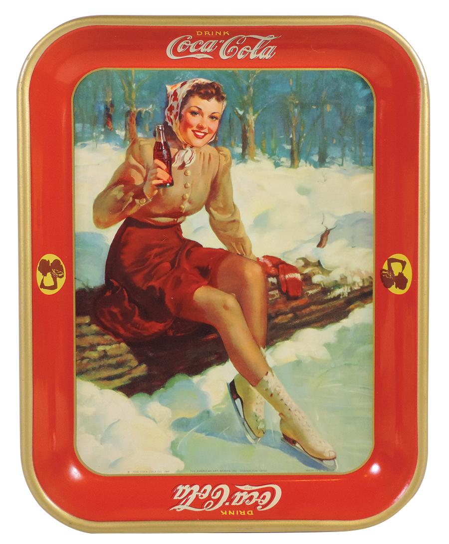 Coca-Cola Serving Tray, 1941, Skater Girl, litho on: Coca-Cola Serving Tray, 1941, Skater Girl, litho on metal by American Art Works, printer registration defect on "Coca-Cola", o/wise Near-Mint cond w/great color & gloss, 13"H x 10.5"W.