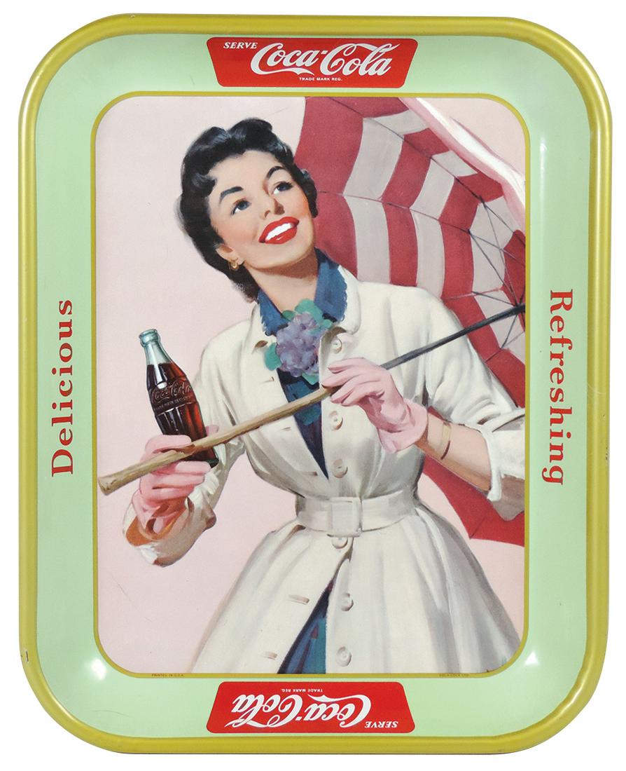 Coca-Cola Serving Tray, 1957, Umbrella Girl, litho on: Coca-Cola Serving Tray, 1957, Umbrella Girl, litho on metal by Coca-Cola Ltd., beautiful Near-Mint to Mint cond w/great color & gloss, 13"H x 10.5"W.