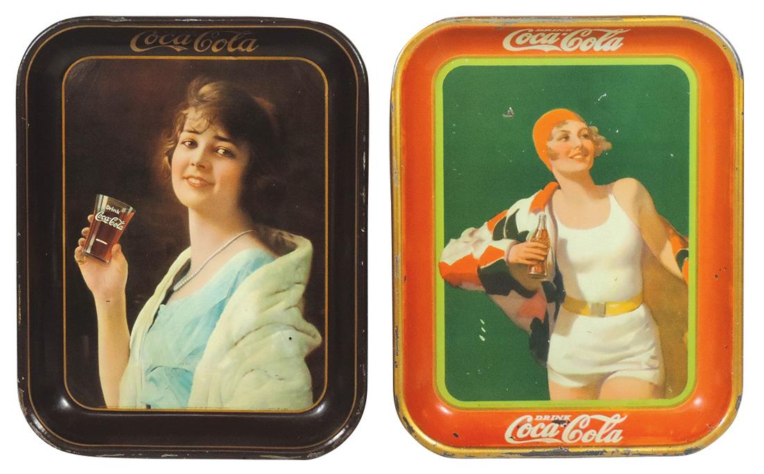 Coca-Cola Serving Trays (2), 1923 Girl in white mink: Coca-Cola Serving Trays (2), 1923 Girl in Mink Coat and 1930 Bathing Suit Girl, both VG with edge wear & the 1930 with some surface nicks, 13"H x 10.5"W.