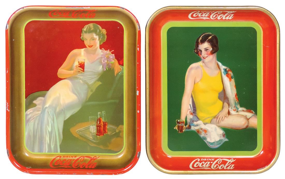 Coca-Cola Serving Trays (2), 1929 "Girl in Swimsuit" &: Coca-Cola Serving Trays (2), 1929 "Girl in Swimsuit" & 1936 "Girl in Evening Gown" VG to Exc color, some touch-ups & clear-coat, '36 has paint chips to rim, 13"H x 10.5"W.