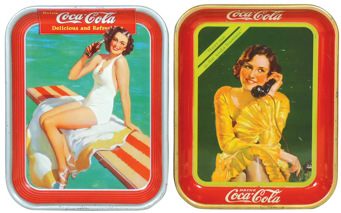 Coca-Cola Serving Trays (2), 1930 Telephone Girl &: Coca-Cola Serving Trays (2), 1930 Telephone Girl & 1939 Swimsuit Girl, 1930 in VG to Exc cond w/some scattered minor scratching & later clearcoat, 1939 in Exc cond w/some edge wear & minor blemishes, 