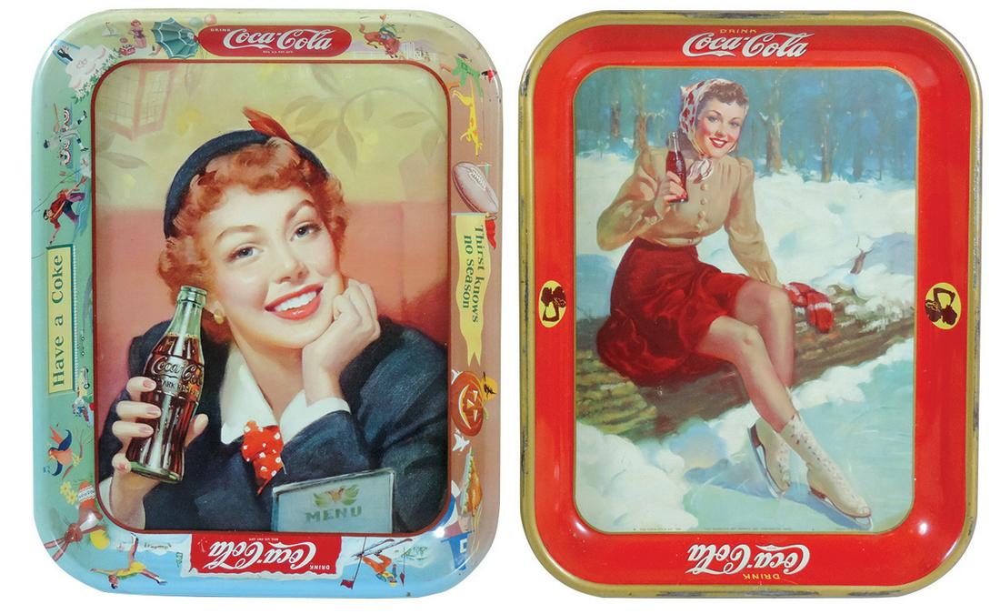 Coca-Cola Serving Trays (2), 1941 Skater Girl & 1950: Coca-Cola Serving Trays (2), 1941 Skater Girl & 1950 Menu Girl, Skater Girl Exc cond w/a couple of dimples, Menu Girl Exc+, 13.5"H x 10.5"W.
