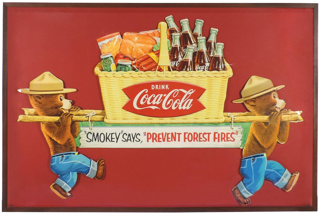 Coca-Cola Sign, "Prevent Forest Fires", Rare litho on: Coca-Cola Sign, "Prevent Forest Fires", Rare litho on cdbd, applied diecut Fish Tail trademark w/2 cute "Smoky Bear" cubs carrying a picnic basket, each cub w/movable lower legs, Exc cond w/great colo