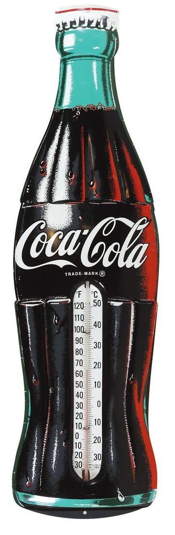 Coca-Cola Thermometer, bottle shaped, litho on embossed: Coca-Cola Thermometer, bottle shaped, litho on embossed diecut metal, c.1950's, Exc working cond, 30"H.