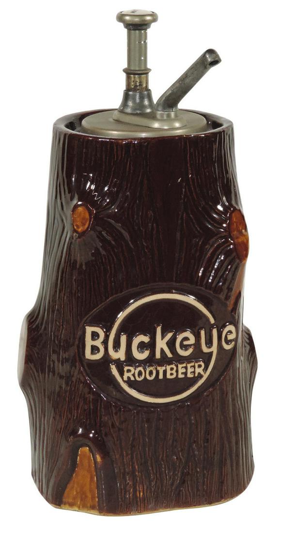 Soda Fountain Syrup Dispenser, Buckeye Root Beer,: Soda Fountain Syrup Dispenser, Buckeye Root Beer, ceramic tree stump, "The Cleveland Fruit Juice Co.," c.1920's, several very tiny nicks, o/wise Exc cond w/correct "Root Beer" pump, 15"H.