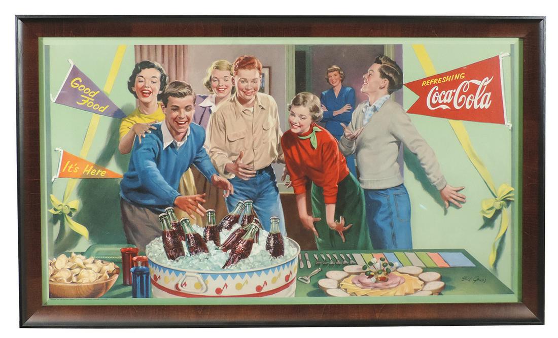 Coca-Cola Sign, "Collegiate Party", litho on cdbd by: Coca-Cola Sign, "Collegiate Party", litho on cdbd by McCandlish Corp. c.1942, prof framed, Exc to Near-Mint cond, 22.75"H x 38.75"W.