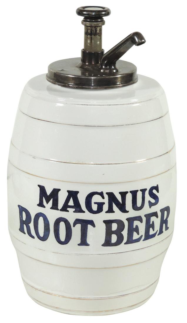 Soda Fountain Syrup Dispenser, Magnus Root Beer,: Soda Fountain Syrup Dispenser, Magnus Root Beer, ceramic barrel shape, bright colors w/wear on gold trim, c.1920, hairline cracks in lower section of base, o/wise VG cond w/correct style plunger pump,
