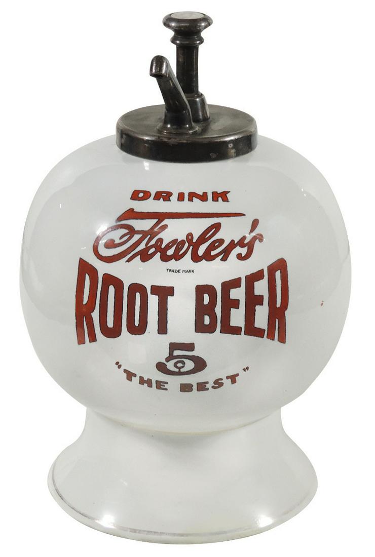 Soda Fountain Syrup Dispenser, Fowler's Root Beer,: Soda Fountain Syrup Dispenser, Fowler's Root Beer, 5 Cent, ceramic w/unmarked correct syle plunger pump, c.1910, shows wear on bottom metallic base ring, o/wise Exc cond, 14"H.