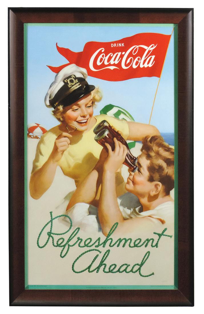 Coca-Cola Sign, "Refreshment Ahead", litho on cdbd by: Coca-Cola Sign, "Refreshment Ahead", litho on cdbd by Edwards & Deutsch, c.1952, prof framed, Exc to Near-Mint cond w/great color & gloss, 29.75"H x 18.75"W.