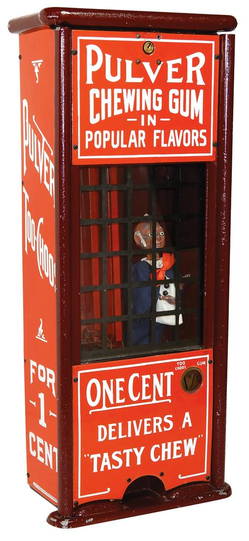 Coin-Operated Gum Vendor, Pulver Tall Case "Too Choos": Coin-Operated Gum Vendor, Pulver Tall Case "Too Choos" w/Foxy Grandpa figure, 1 Cent, c.1915, older restoration in Exc working cond, 24"H x 10"W x 5.5"D.
