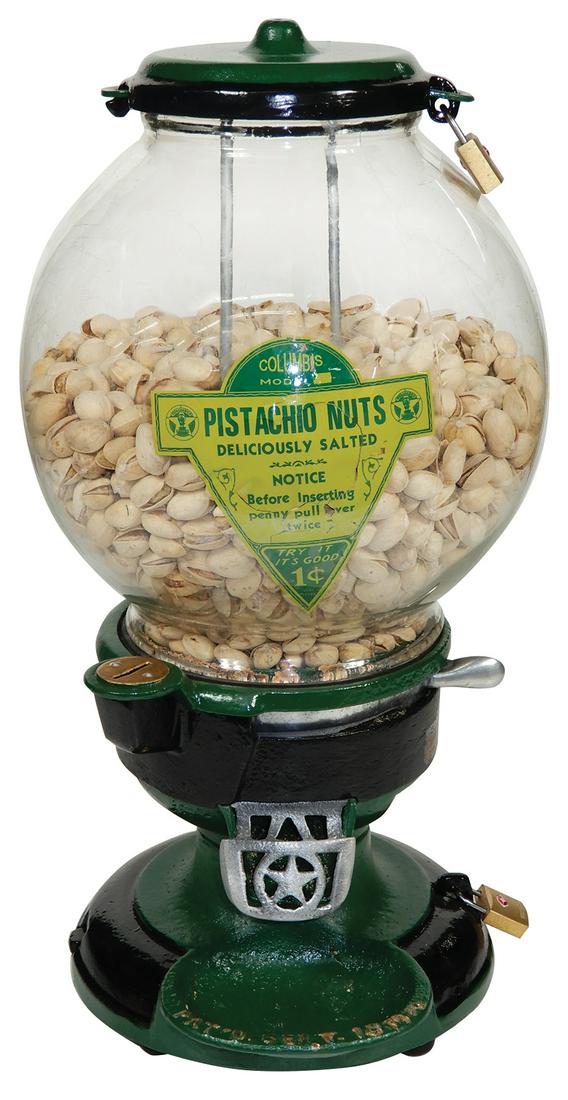 Coin-Operated Peanut Machine, Columbus Model A, 1 cent,: Coin-Operated Peanut Machine, Columbus Model A, 1 cent, wide lip "Big Mouth" tray, c.1910, Exc refurbished working cond w/locks & keys, 16"H.